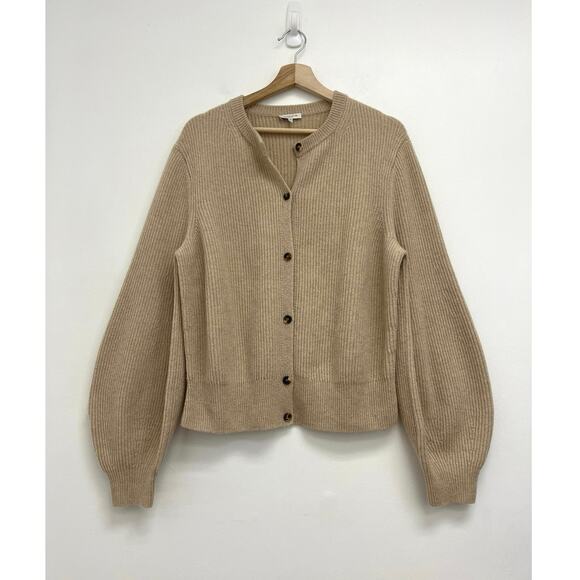Lafayette 148 100% Cashmere Ribbed Balloon Sleeve Luxury Camel Cardigan - Large - Picture 1 of 10